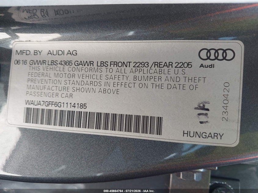 2016 Audi A3 1.8T Premium VIN: WAUA7GFF6G1114185 Lot: 45664764