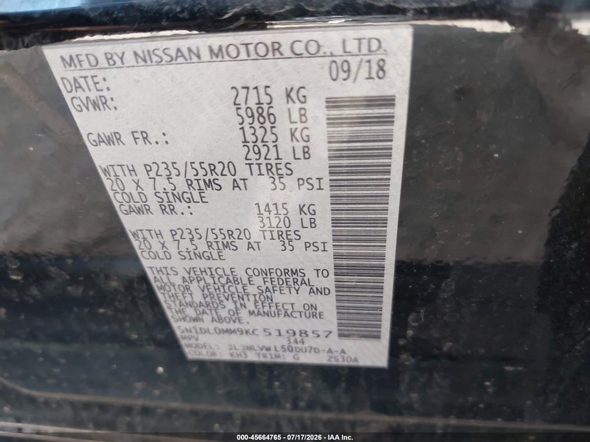 2019 Infiniti Qx60 Luxe VIN: 5N1DL0MM9KC519857 Lot: 45664765