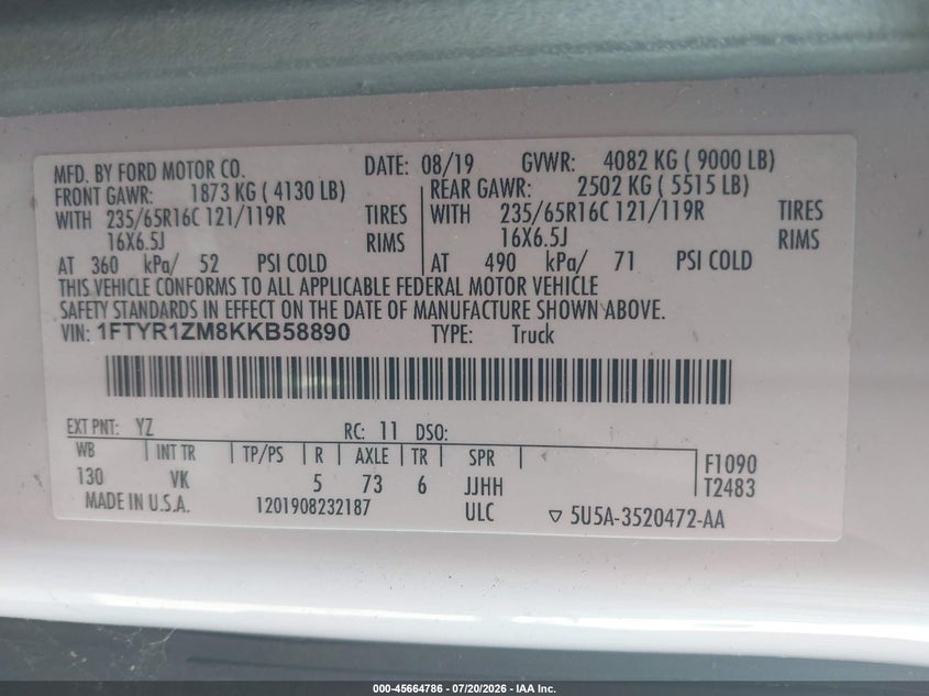 2019 Ford Transit-250 VIN: 1FTYR1ZM8KKB58890 Lot: 45664786