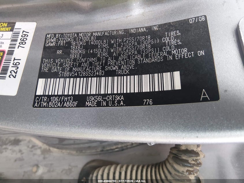 2008 Toyota Tundra Base 5.7L V8 VIN: 5TBBV54128S523483 Lot: 45664793