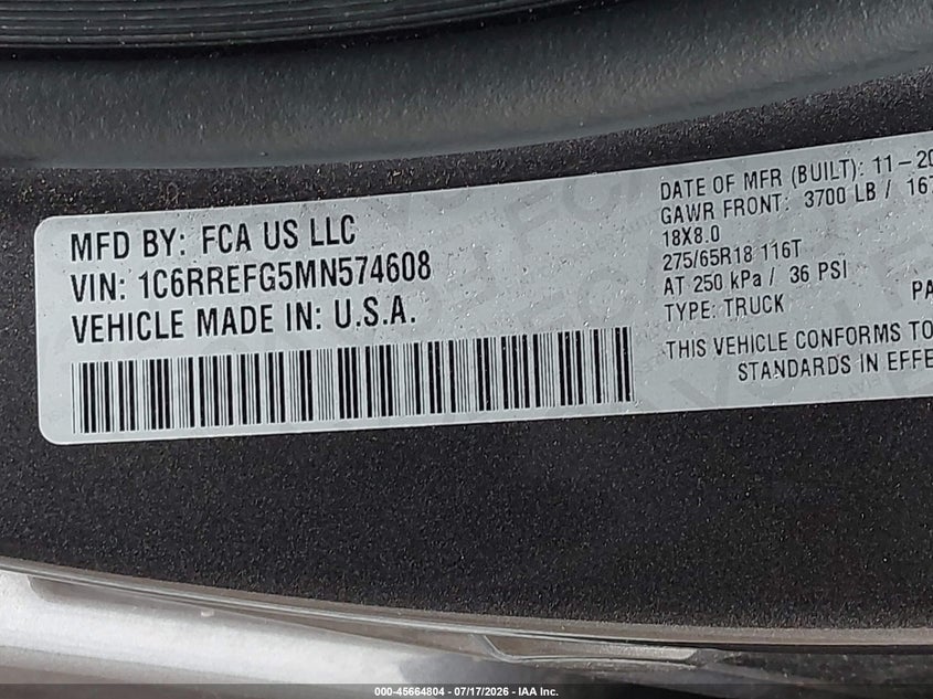 RAM 1500 2021 VIN 1C6RREFG5MN574608