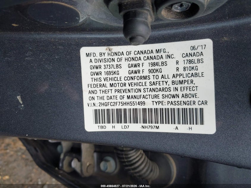 2017 Honda Civic Ex VIN: 2HGFC2F75HH551499 Lot: 45664827