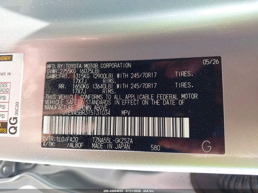 2026 Toyota 4Runner Sr5 VIN: JTEVA5BR3T5131034 Lot: 45664835