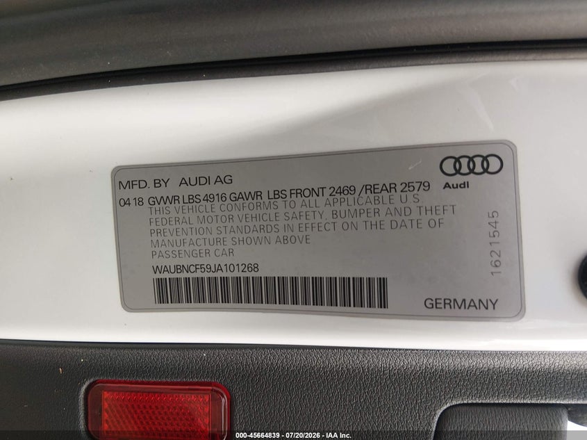 2018 Audi A5 2.0T Premium VIN: WAUBNCF59JA101268 Lot: 45664839