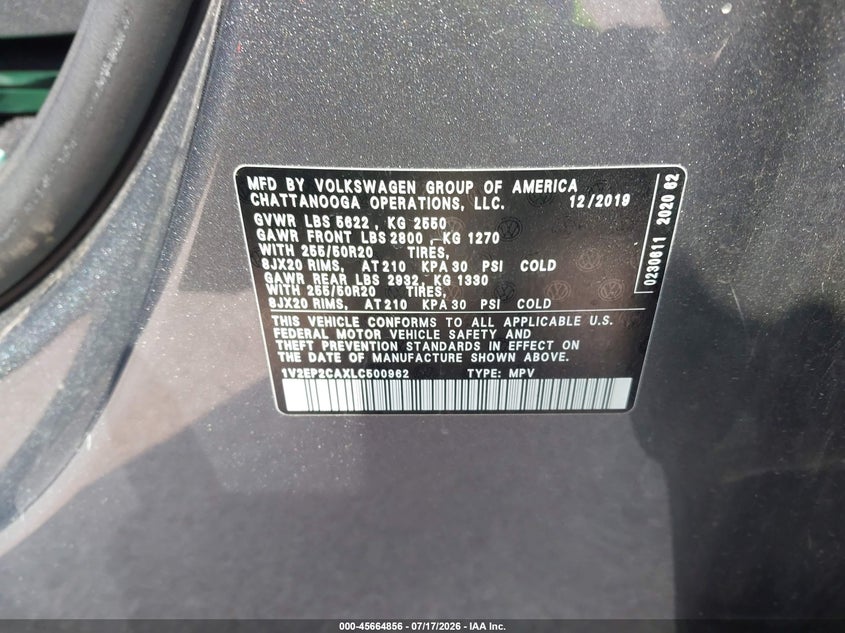 2020 Volkswagen Atlas 2.0T Sel VIN: 1V2EP2CAXLC500962 Lot: 45664856