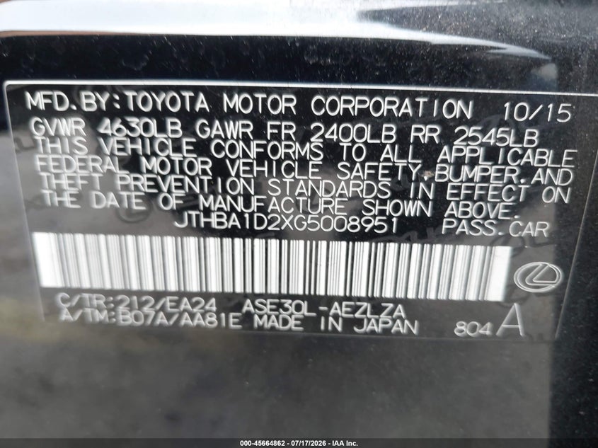 2016 Lexus Is 200T VIN: JTHBA1D2XG5008951 Lot: 45664862