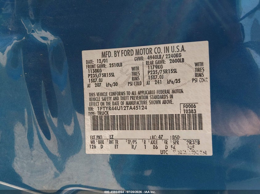2002 Ford Ranger Edge/Tremor/Xlt VIN: 1FTYR44U12TA45124 Lot: 45664864