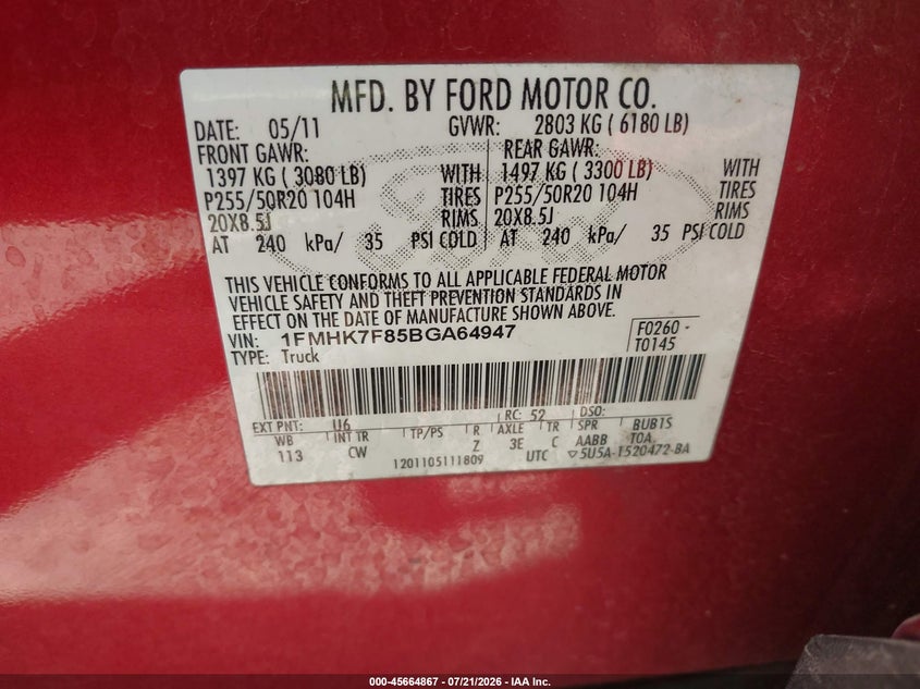 2011 Ford Explorer Limited VIN: 1FMHK7F85BGA64947 Lot: 45664867