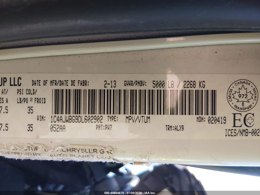 2013 Jeep Wrangler Sahara VIN: 1C4AJWBG9DL602902 Lot: 45664878