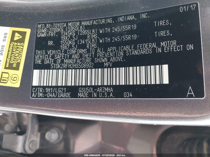 2017 Toyota Highlander Se VIN: 5TDKZRFH2HS508902 Lot: 45664889