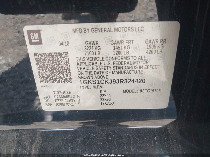 2018 GMC Yukon Denali VIN: 1GKS1CKJ9JR324420 Lot: 45664898