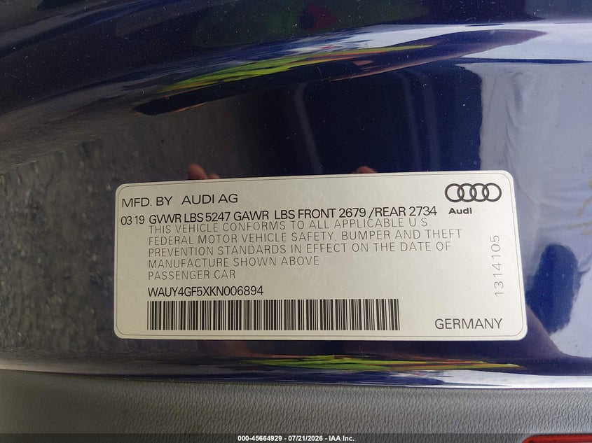 2019 Audi S5 3.0T Premium Plus VIN: WAUY4GF5XKN006894 Lot: 45664929