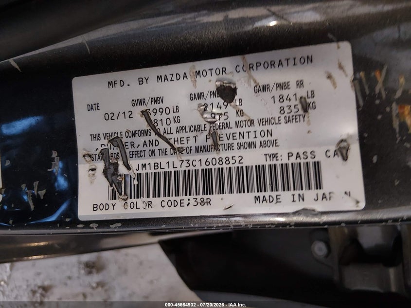 2012 Mazda Mazda3 I Touring VIN: JM1BL1L73C1608852 Lot: 45664932