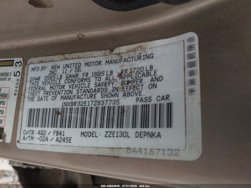 2007 Toyota Corolla Le VIN: 1NXBR32E17Z837735 Lot: 45664949