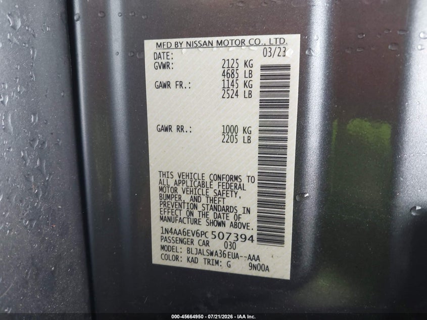 2023 Nissan Maxima Sr Xtronic Cvt VIN: 1N4AA6EV6PC507394 Lot: 45664950