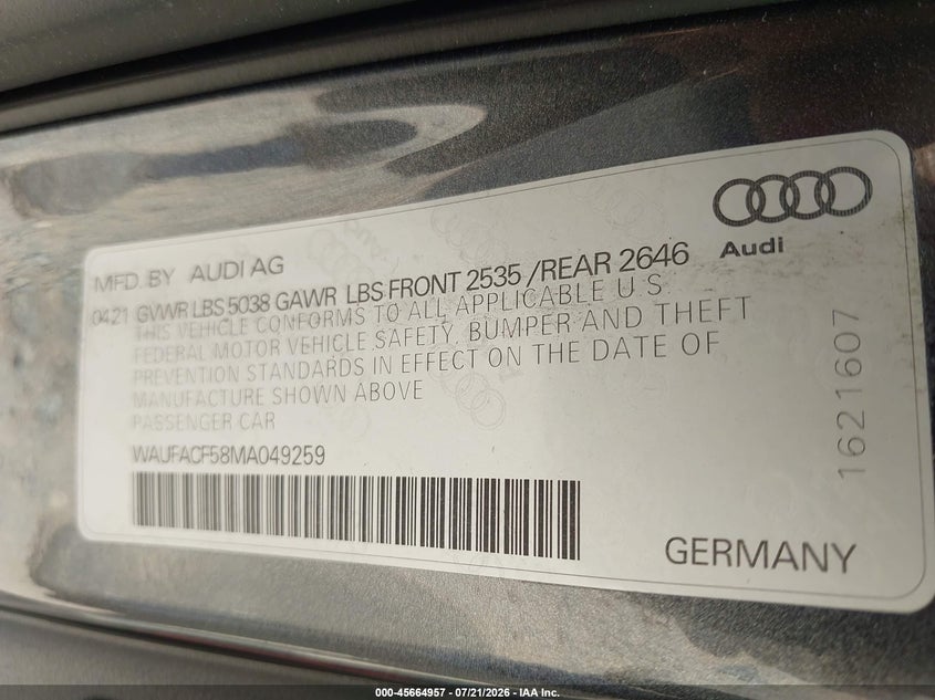 2021 Audi A5 Sportback Premium Plus 45 Tfsi Quattro S Tronic VIN: WAUFACF58MA049259 Lot: 45664957