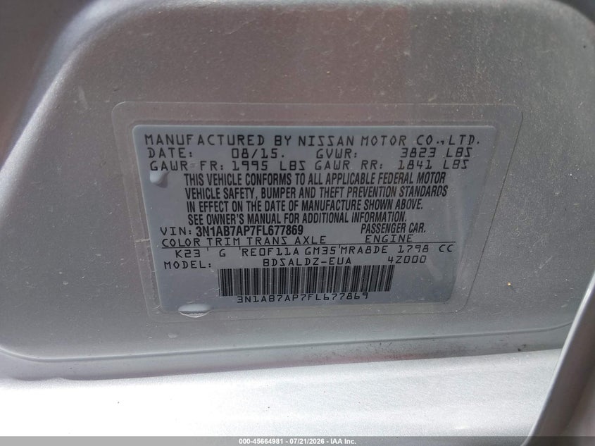 2015 Nissan Sentra Sv VIN: 3N1AB7AP7FL677869 Lot: 45664981