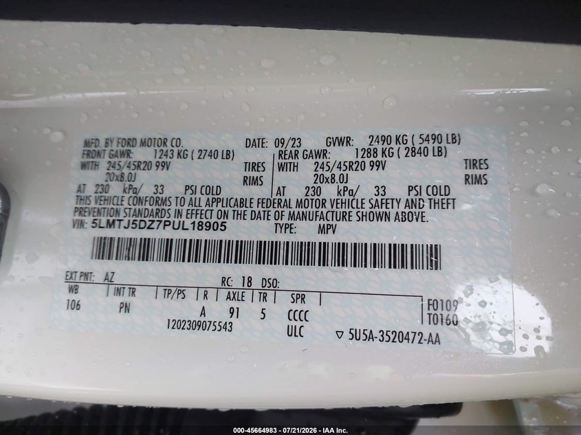 2023 Lincoln Corsair Grand Touring VIN: 5LMTJ5DZ7PUL18905 Lot: 45664983