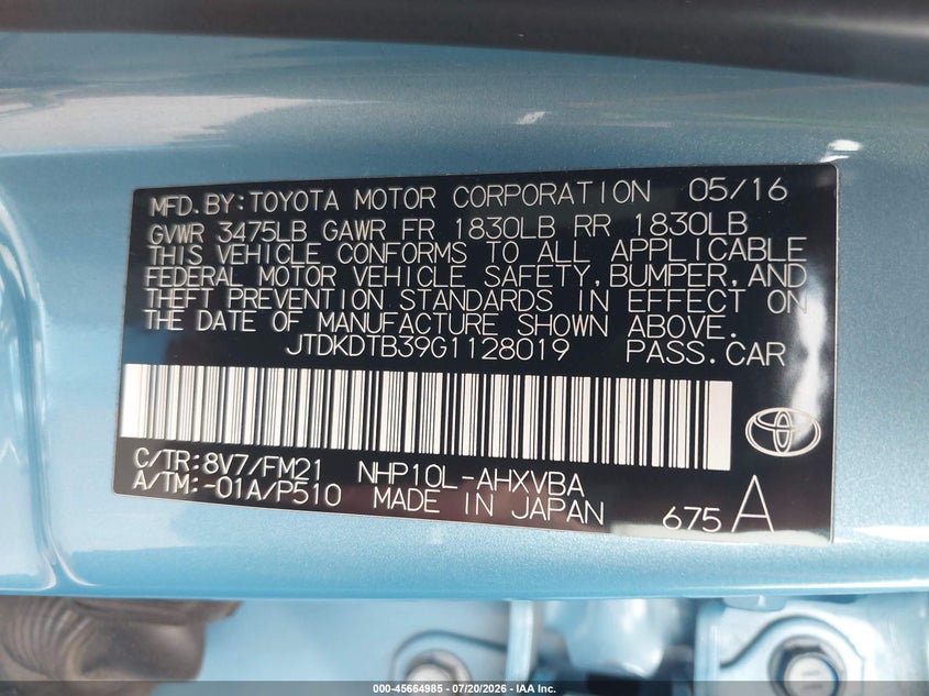 2016 Toyota Prius C Two VIN: JTDKDTB39G1128019 Lot: 45664985