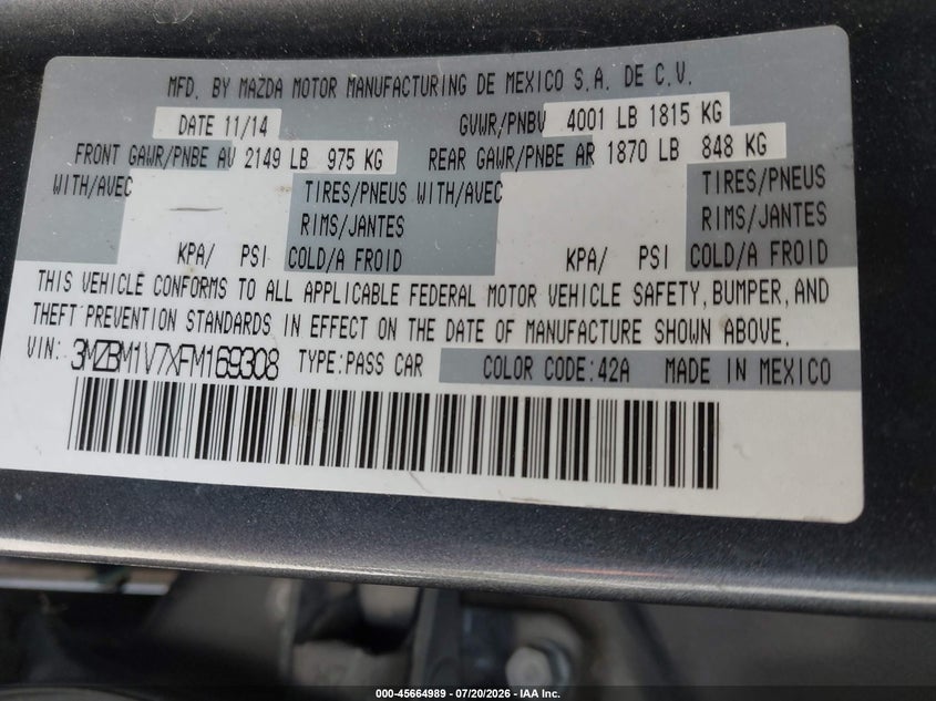 2015 Mazda Mazda3 I Touring VIN: 3MZBM1V7XFM169308 Lot: 45664989