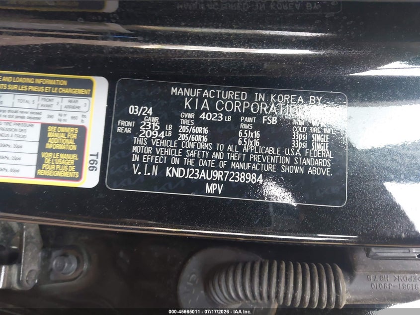 2024 Kia Soul Lx VIN: KNDJ23AU9R7238984 Lot: 45665011