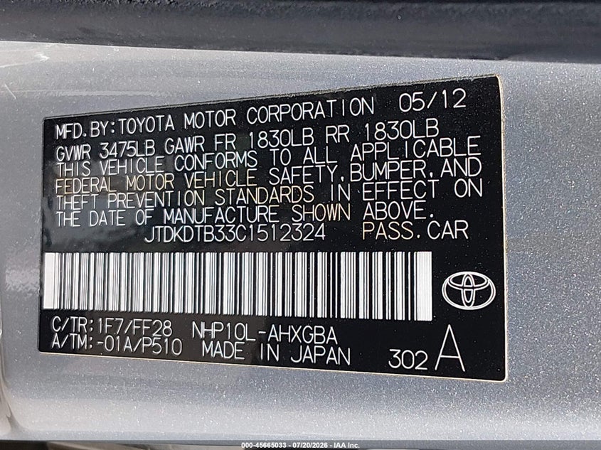 2012 Toyota Prius C Three VIN: JTDKDTB33C1512324 Lot: 45665033