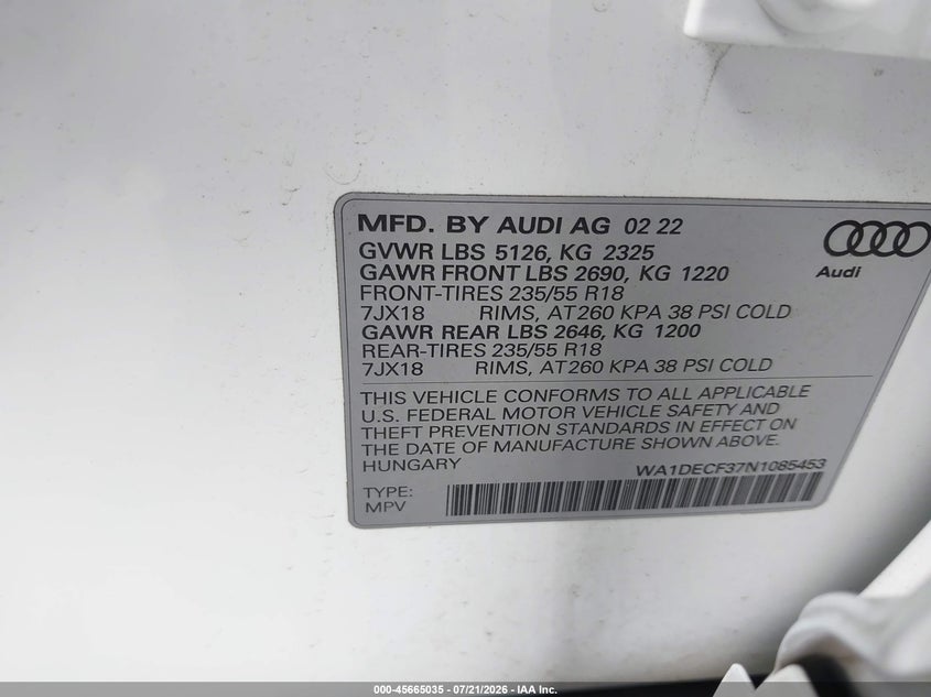 2022 Audi Q3 Premium 45 Tfsi S Line Quattro Tiptronic VIN: WA1DECF37N1085453 Lot: 45665035