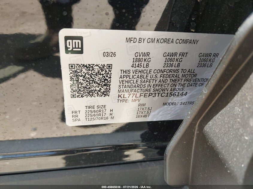 2026 Chevrolet Trax Fwd Ls VIN: KL77LFEP3TC156144 Lot: 45665036