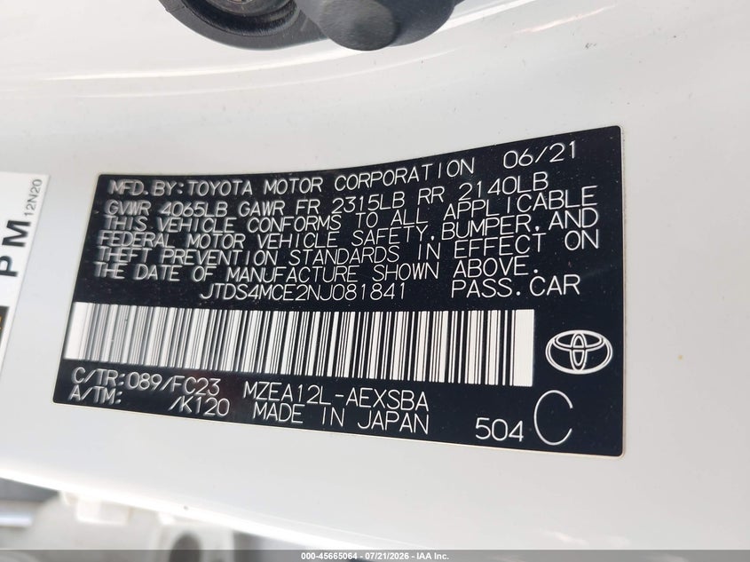 2022 Toyota Corolla Se VIN: JTDS4MCE2NJ081841 Lot: 45665064