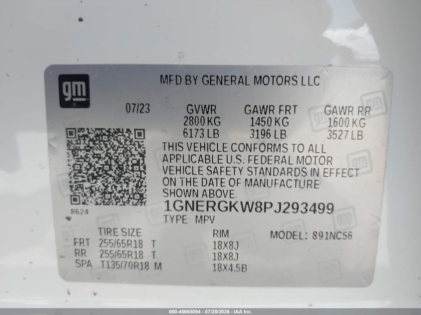 2023 Chevrolet Traverse Fwd Lt Cloth VIN: 1GNERGKW8PJ293499 Lot: 45665094