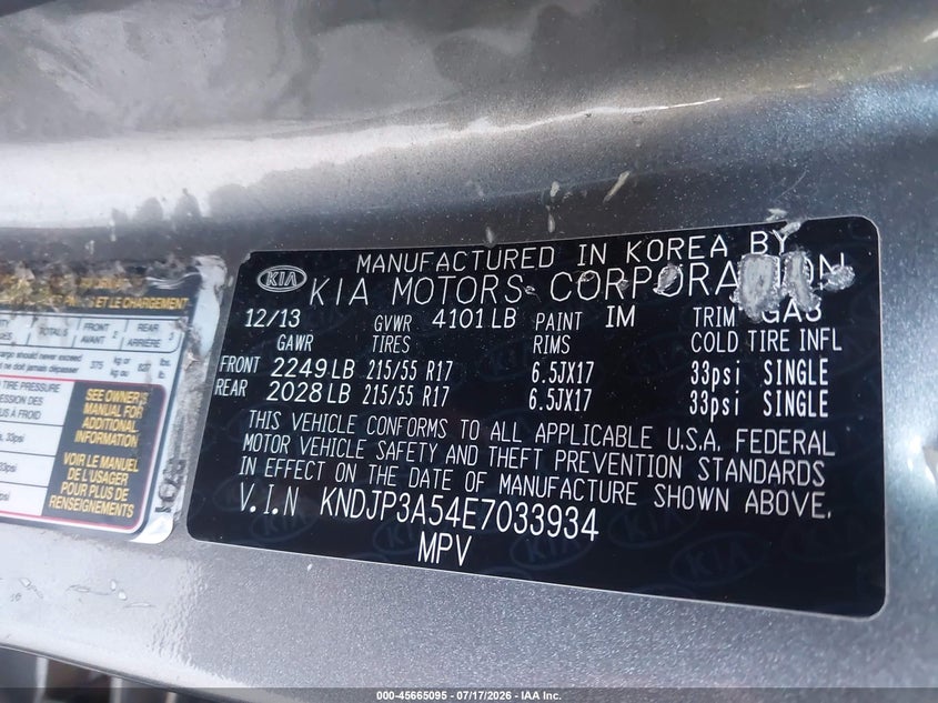 2014 Kia Soul + VIN: KNDJP3A54E7033934 Lot: 45665095