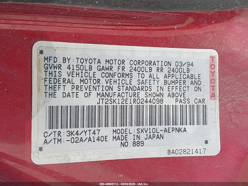 1994 TOYOTA CAMRY SEDAN 2.2L I4 FI 16V F4