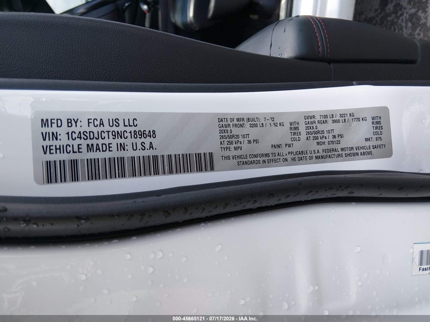 2022 Dodge Durango R/T Plus Awd VIN: 1C4SDJCT9NC189648 Lot: 45665121