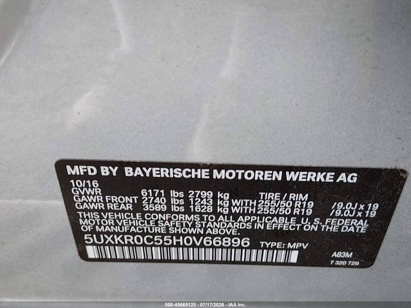2017 BMW X5 xDrive35I VIN: 5UXKR0C55H0V66896 Lot: 45665125