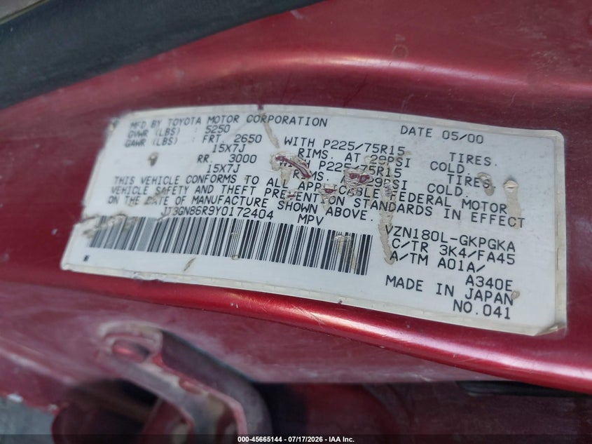 2000 Toyota 4Runner Sr5 V6 VIN: JT3GN86R9Y0172404 Lot: 45665144