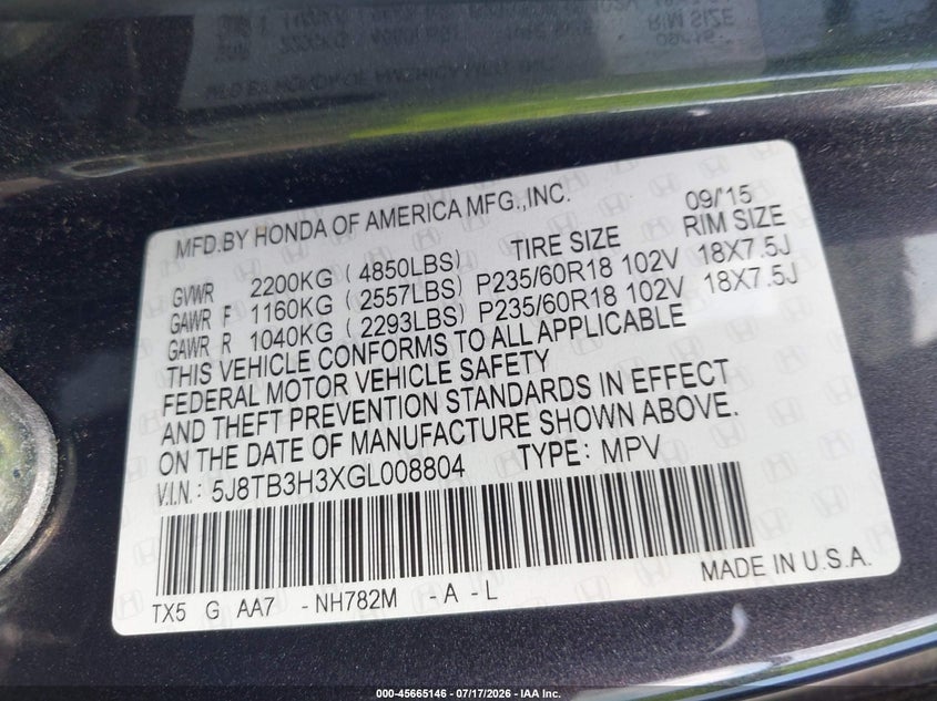 2016 Acura Rdx Acurawatch Plus Pkg VIN: 5J8TB3H3XGL008804 Lot: 45665146