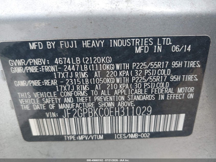 2014 Subaru Xv Crosstrek Hybrid 2.0I Touring VIN: JF2GPBKC0EH311029 Lot: 45665182
