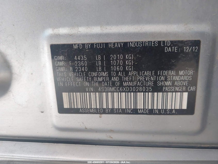 2013 Subaru Legacy 2.5I Premium VIN: 4S3BMCC6XD3028035 Lot: 45665201