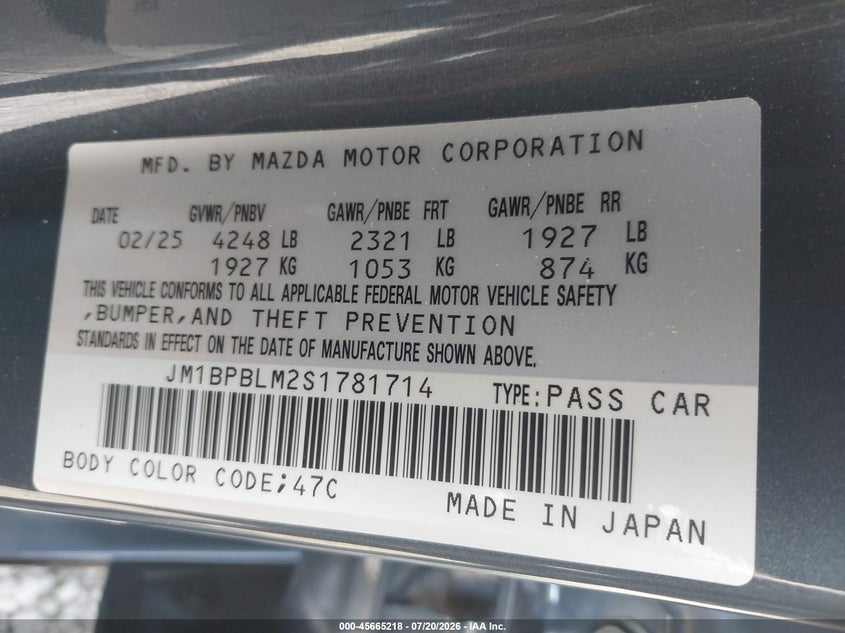 2025 Mazda Mazda3 2.5 S Carbon Edition VIN: JM1BPBLM2S1781714 Lot: 45665218
