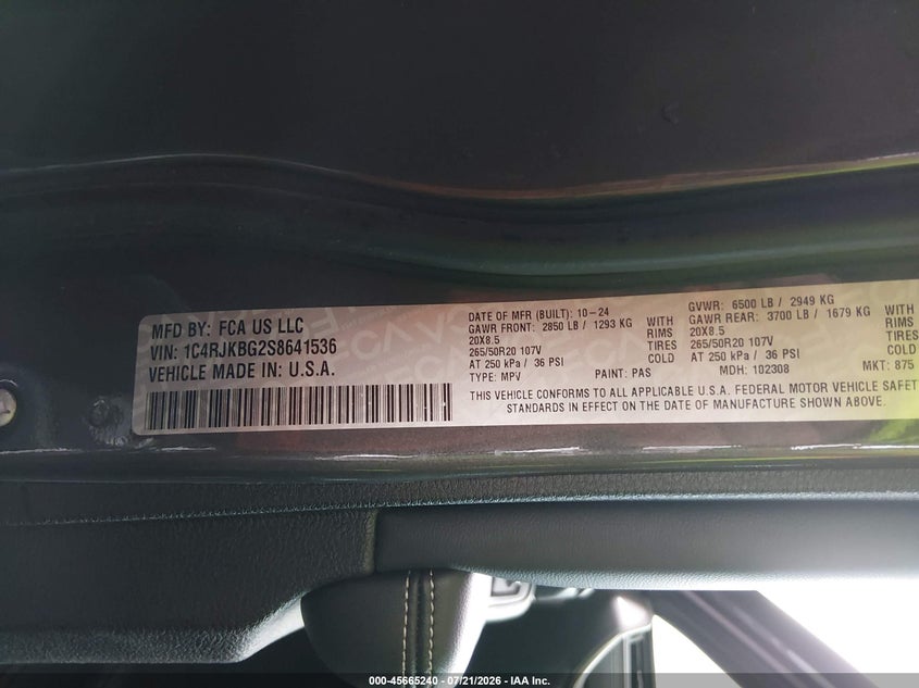 2025 Jeep Grand Cherokee L Limited 4X4 VIN: 1C4RJKBG2S8641536 Lot: 45665240
