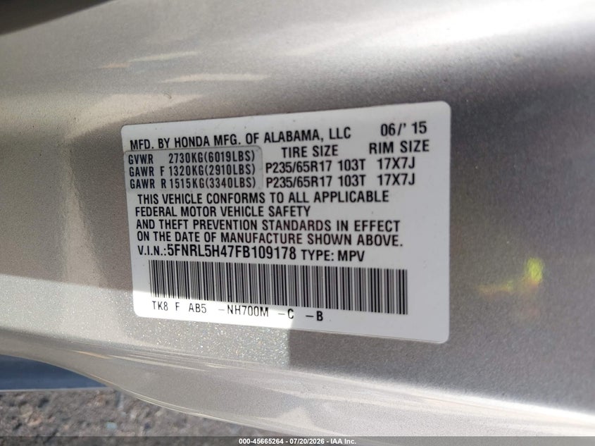 2015 Honda Odyssey Ex VIN: 5FNRL5H47FB109178 Lot: 45665264