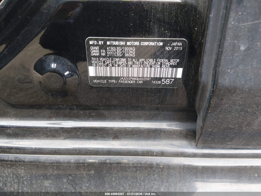 2016 Mitsubishi Lancer Es VIN: JA32V2FWXGU002597 Lot: 45665267