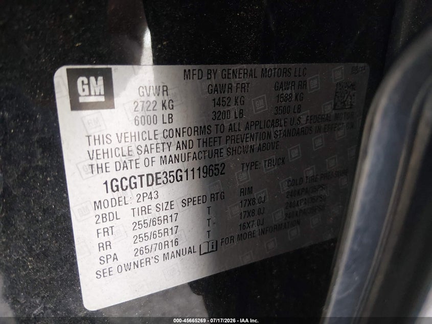 CHEVROLET COLORADO 2016 VIN 1GCGTDE35G1119652