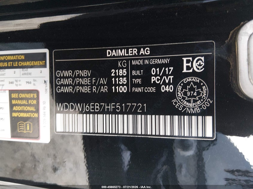 2017 Mercedes-Benz Amg C 43 4Matic VIN: WDDWJ6EB7HF517721 Lot: 45665273