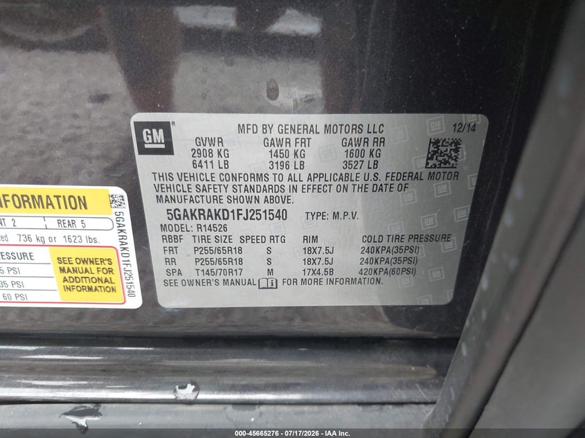 2015 Buick Enclave Convenience VIN: 5GAKRAKD1FJ251540 Lot: 45665276