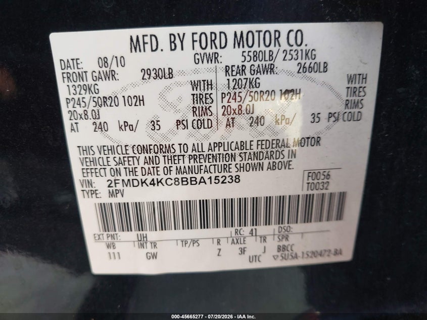 2011 Ford Edge Limited VIN: 2FMDK4KC8BBA15238 Lot: 45665277