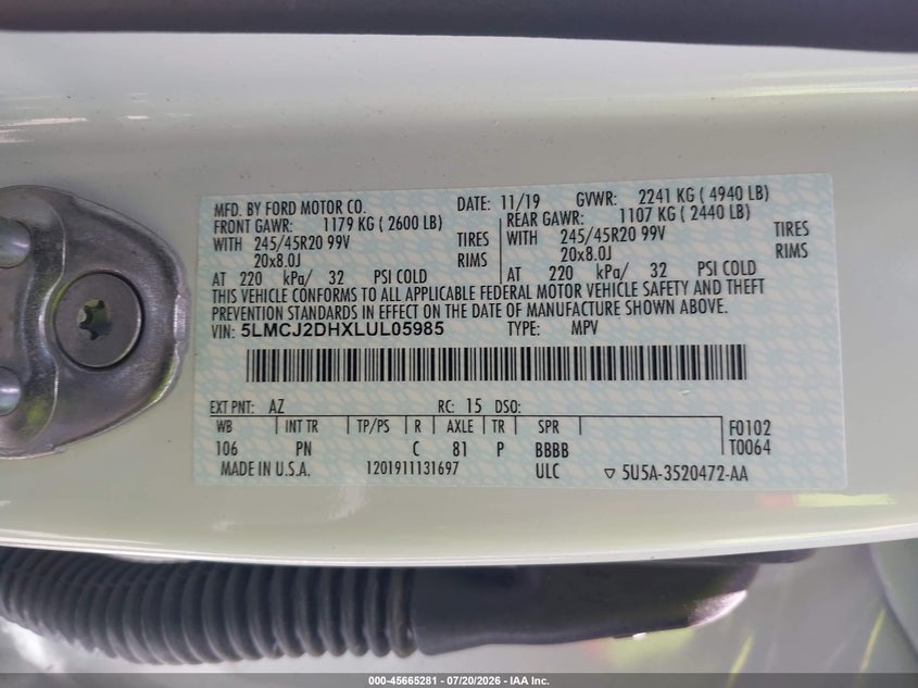 2020 Lincoln Corsair Reserve VIN: 5LMCJ2DHXLUL05985 Lot: 45665281