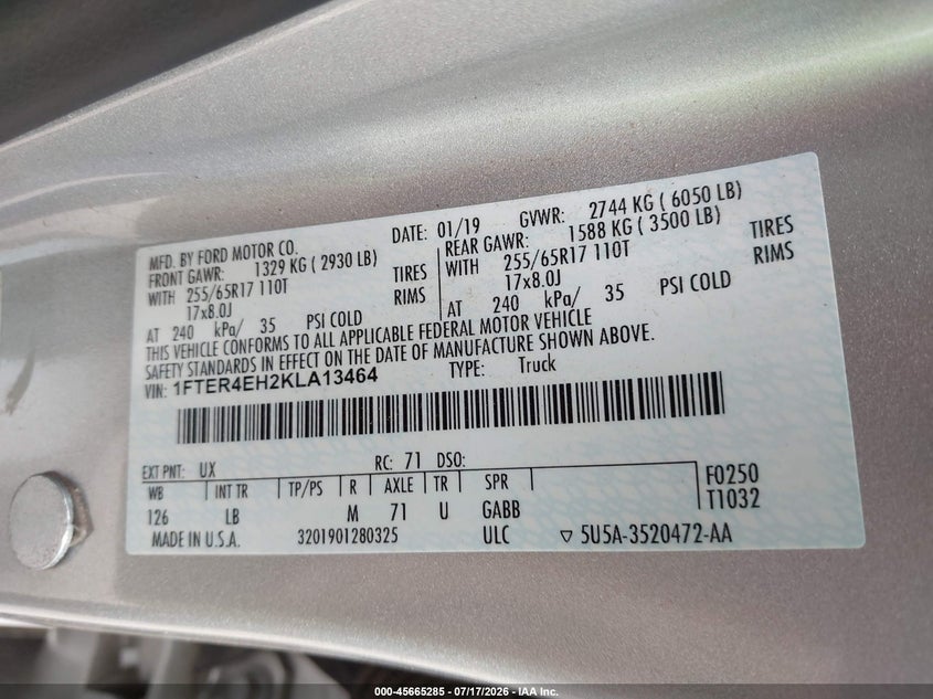 2019 Ford Ranger Xlt VIN: 1FTER4EH2KLA13464 Lot: 45665285