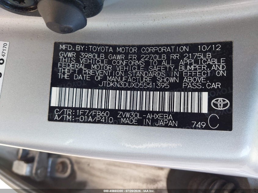 2013 Toyota Prius Three VIN: JTDKN3DUXD5541395 Lot: 45665300