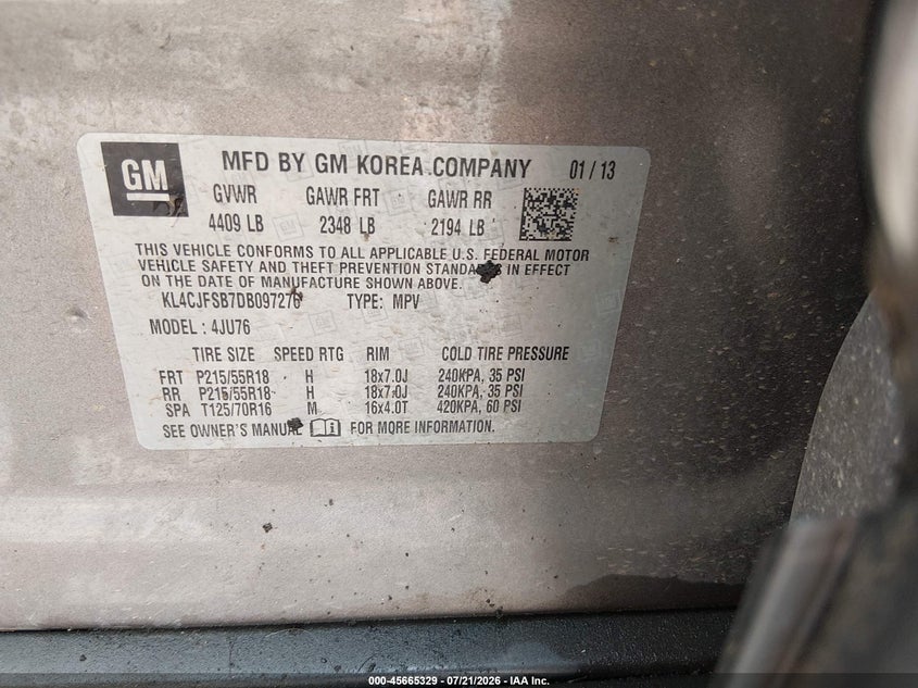 2013 Buick Encore Convenience VIN: KL4CJFSB7DB097276 Lot: 45665329